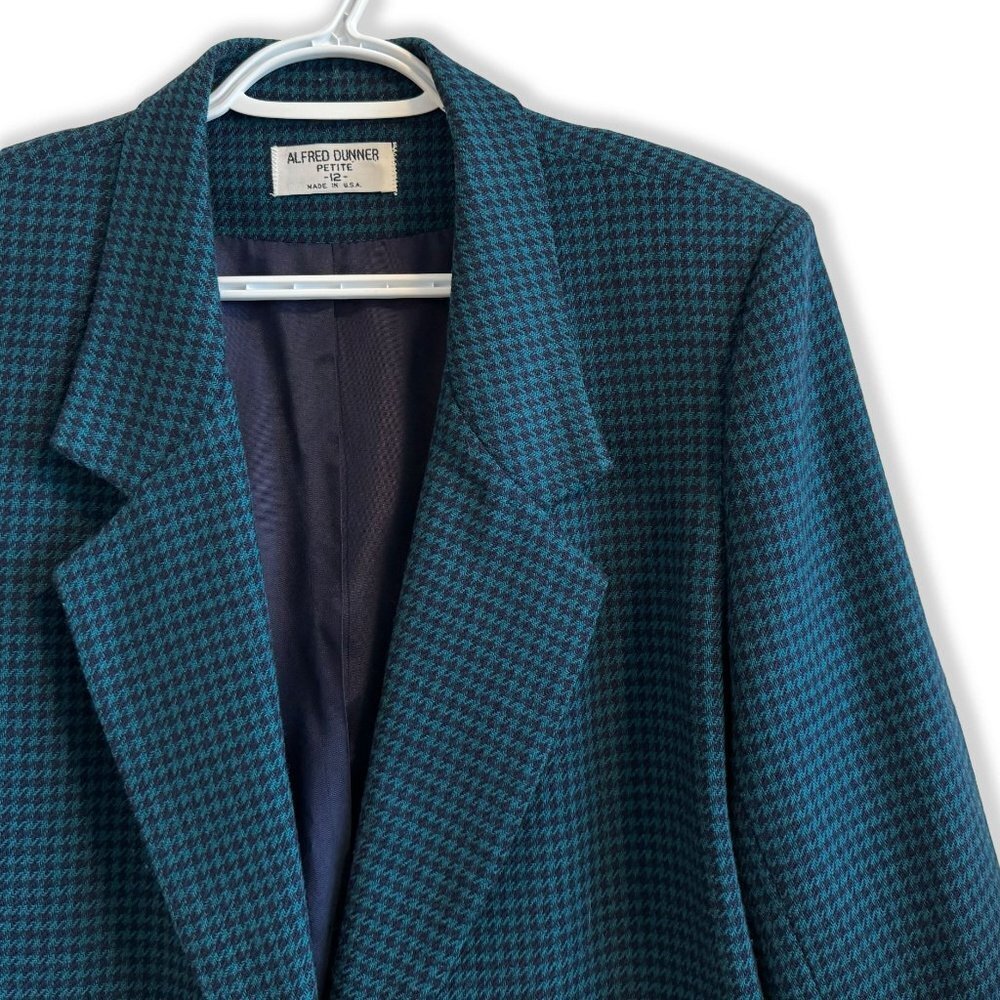 Vintage 70s Alfred Dunner Green Black Houndstooth Plaid Oversized Blazer - Picture 2 of 7